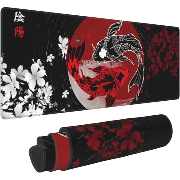 Japan Japanese Yin and Yang Koi Fish Black and Red Mouse Pad XL Extended Mouse Mat, Non Slip Rubber Base Stitched Edge Gaming Pc Large Mice Pad 31.5 X 11.8 Inch