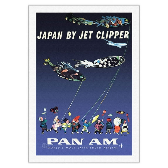 Japan by Jet Clipper - Koinobori (Carp Streamers) - Vintage Airline Travel Poster by Aaron Fine c.1960s - Fine Art Rolled Canvas Print 27in x 40in