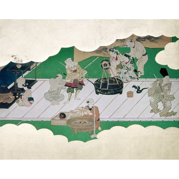 Japan Kabuki Actors. Nkabuki Actors Apply Makeup And Don Costumes For A Heroic Drama. Scroll Painting 18Th Century.