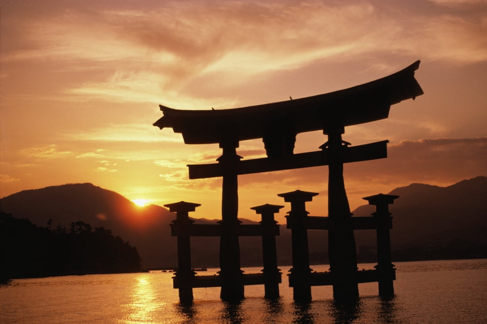 Japan Kyushu Miyajima Torii Gate In Water Itsukushima Shrine Peaceful Sunrise Canvas Art - Rita Ariyoshi Design Pics (34 x 22)