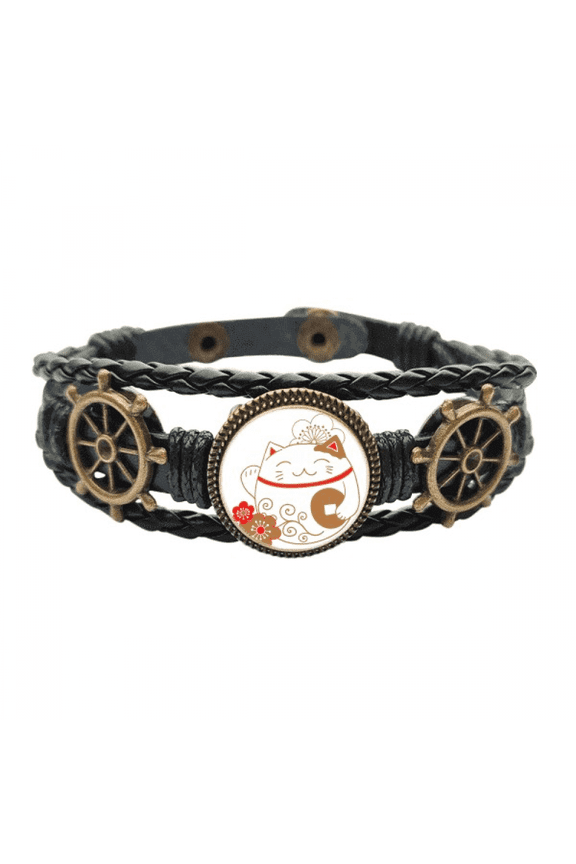 Japan Lucky Fortune Cat Flower Copper Leather Braided Ocean Bracelet Wristband