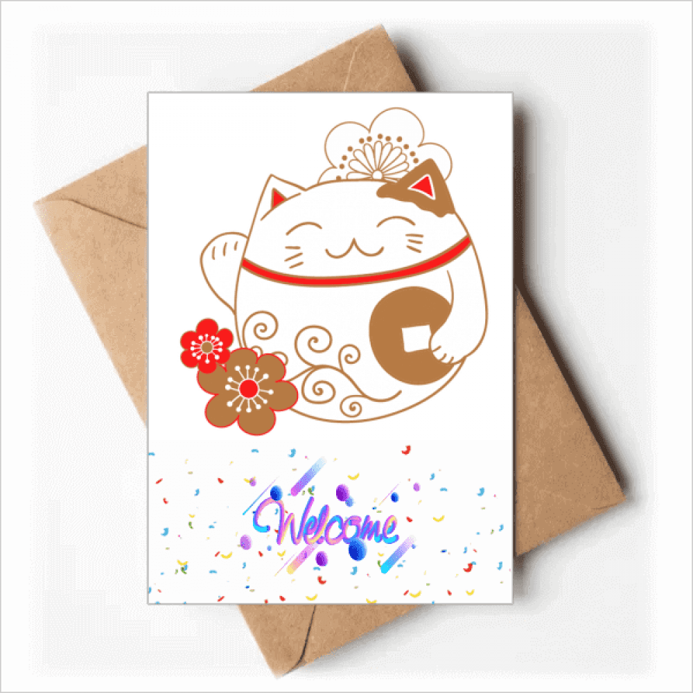 Japan Lucky Fortune Cat Flower Copper Welcome Back Greeting Cards Envelopes Blank