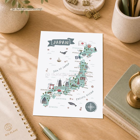 Japan Map Postcard: Illustrated Travel Souvenir, Vintage Style Poster , Poster Print Only
