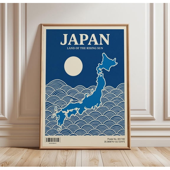 Japan Map Poster Minimalist Travel Wall Art Print Blue Country Silhouette Illustration Oce