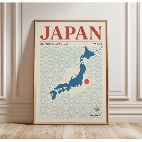 Japan Map Poster Minimalist Travel Wall Art Print Blue Country Silhouette Illustration Oce