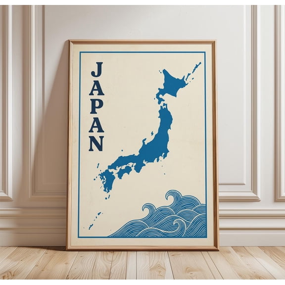 Japan Map Poster, Minimalist Travel Wall Art Print, Blue Country Silhouette Illustration, Ocean Wave Design, Modern Asia Decor, Poster Only