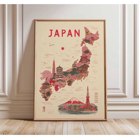 Japan Map Poster Travel Wall Art Japanese Landmarks Illustration
