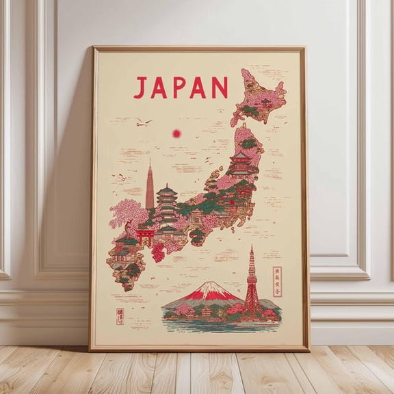 Japan Map Poster, Vintage Travel Wall Art, Japanese Landmarks Illustration, Unframed Paper Poster 8x10in