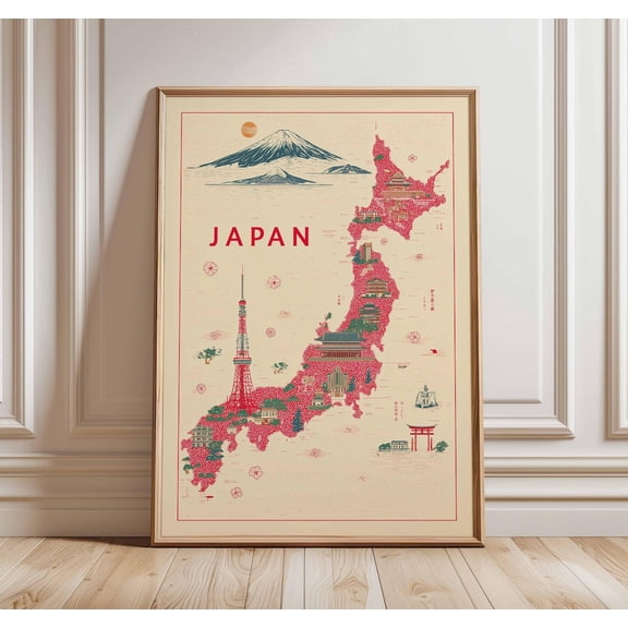 Japan Map Poster Vintage Travel Wall Art Landmarks Fuji Tokyo Decor, Unframed Poster