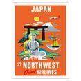 thumbnail image 1 of Japan - Mount Fuji Buddha - Fly Northwest Orient Airlines - Vintage Airline Travel Poster c.1950s - Fine Art Matte Paper Print (Unframed) 24x32in, 1 of 4