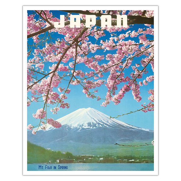 Japan - Mount Fuji in Spring - Cherry Tree Blossoms - Vintage Travel Poster c.1960s - Fine Art Matte Paper Print (Unframed) 16x20in