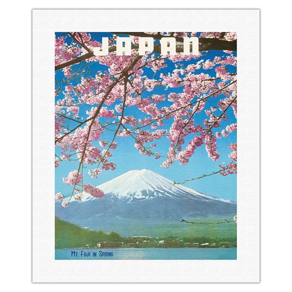 Japan - Mount Fuji in Spring - Cherry Tree Blossoms - Vintage Travel Poster c.1960s - Fine Art Rolled Canvas Print 16in x 20in