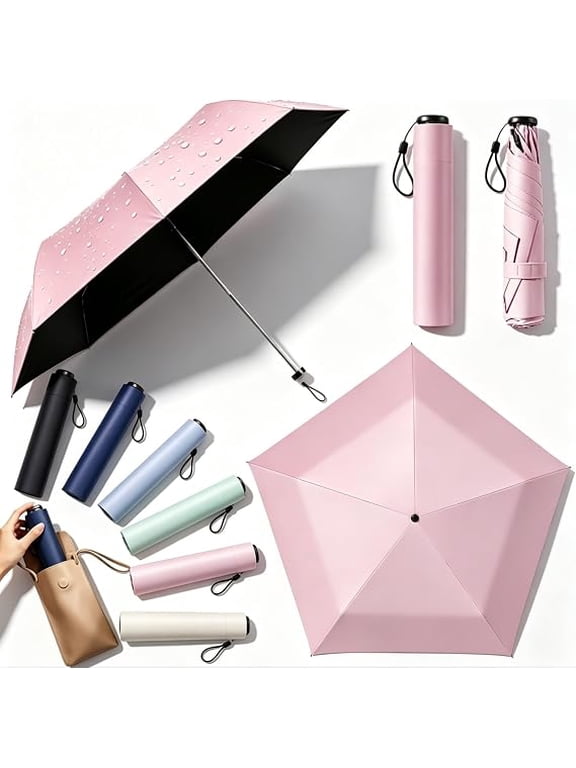 Japan Pencil Umbrella, 5-Rib Ultra-Light Compact All-Weather Pocket Umbrella with UV Protection for Small Backpack Travel, Pastel Pink (k)