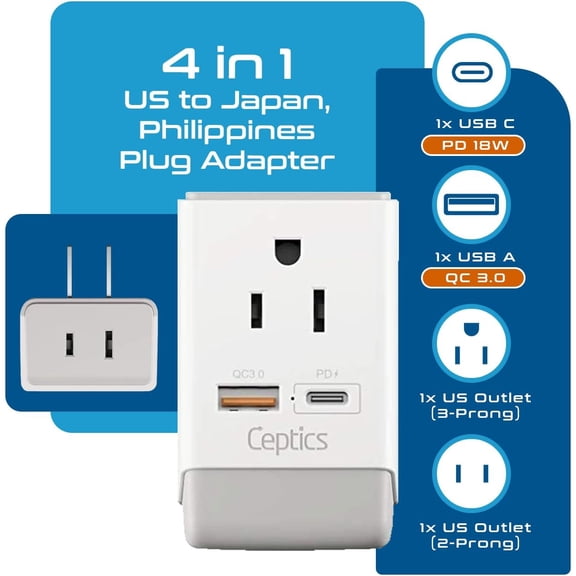 Japan, Philippines Power Travel Plug Adapter, QC 3.0 and PD, Safe Dual USB and USB-C, 2 US Outlets, Compact and Powerful, US 3-Prong Polarized to 2-Prong Non-Polarized, Type A, AP-6 Fast Charging