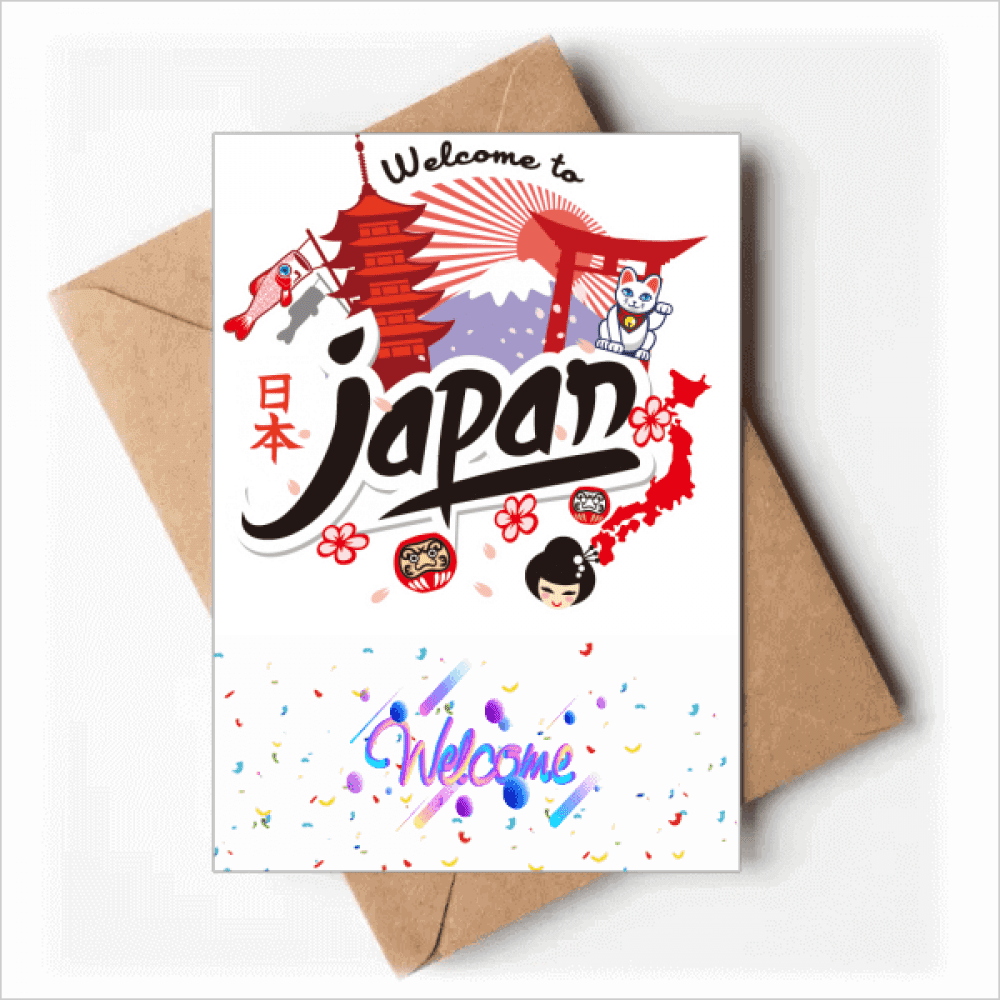 Japan Red Black Map Girl Lucky Cat Welcome Back Greeting Cards Envelopes Blank