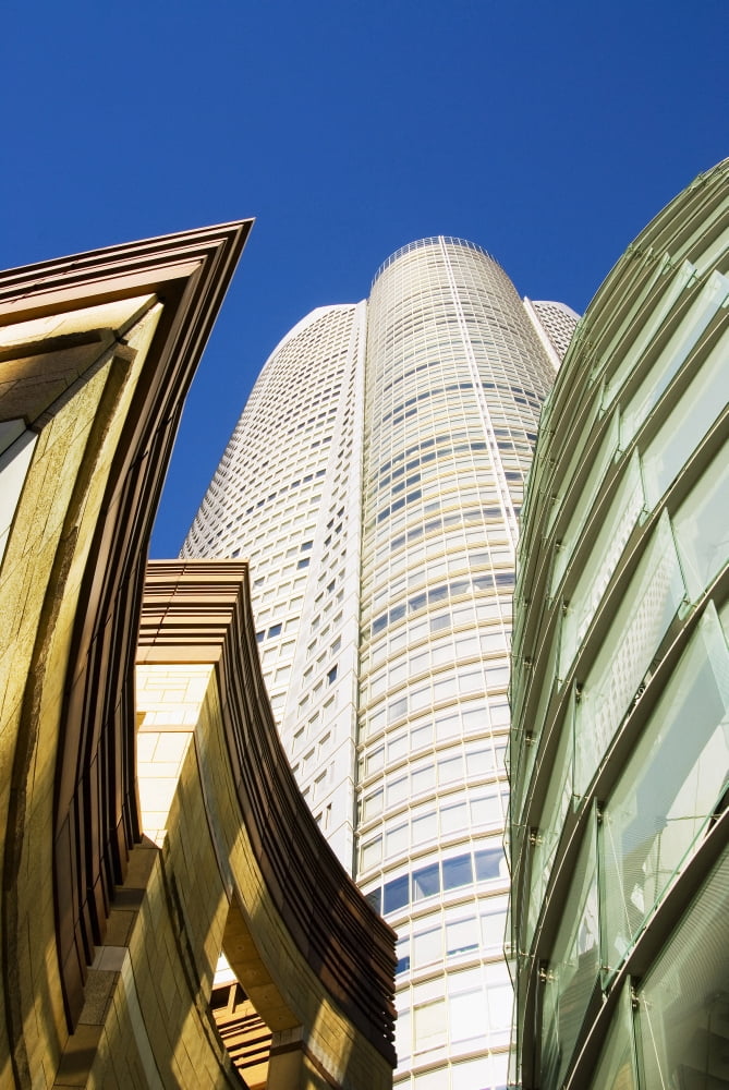 Japan Roppongi Hills  Tokyo Upward View Of Mori Tower Framed By Glass And Stone Of Lower Structures Canvas Art - Bill Brennan  Design Pics (11 x 17)