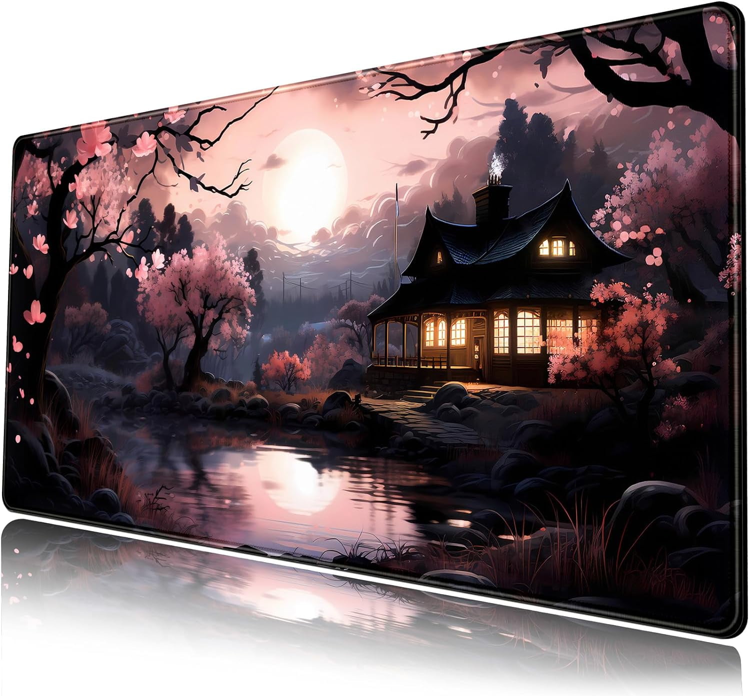 Japan Sakura Blooms Desk Mat Japanese Mouse Pad Large Cute Black Pink