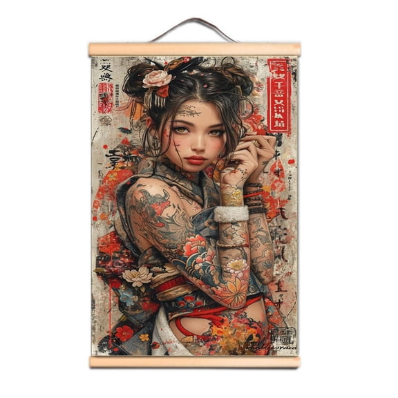 Japan Samurai Bushido Funny Wall Art Decor Banner Vintage Canvas Scroll Painting 1,Multicolor,11.8X17.7 inches