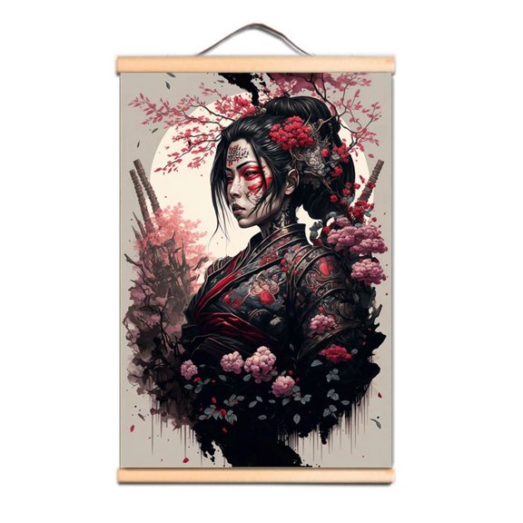 Japan Samurai Poster Vintage Solid Wood Scroll Painting Bushido Tattoo Wall Art 9,Multicolor,19.7X27.6 inches