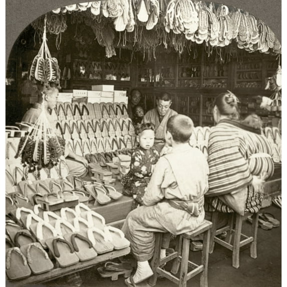 Japan Shoe Store C1910. Nan Open-Air Shop Selling Flip-Flops. Stereograph View Early 20Th Century. Print by