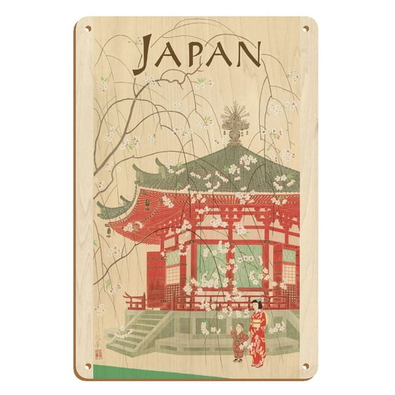 Japan - Shrine and Cherry Blossoms - Vintage Travel Poster c.1950s - 8 x 12 inch Vintage Wood Art Sign
