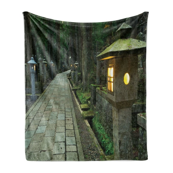 Japan Soft Flannel Fleece Throw Blanket, Path Through the Okunoin Cemetery, Cozy Plush for Indoor and Outdoor Use, 60" x 80", Green Brown Multicolor, by Ambesonne