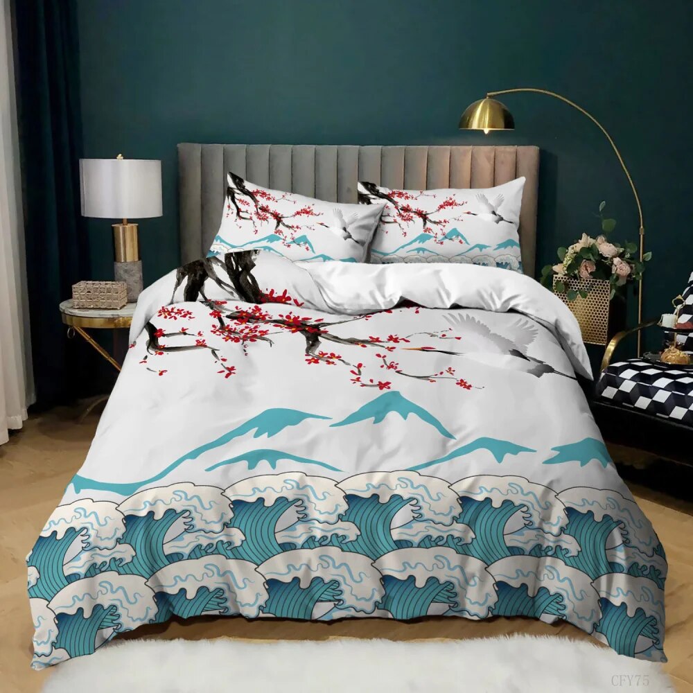 Japan Style Bedding Set Wave Duvet Cover and Pillowcase Set Twin Full