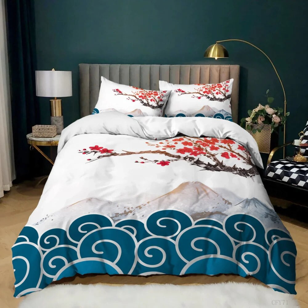 Japan Style Bedding Set Wave Duvet Cover and Pillowcase Set Twin Full