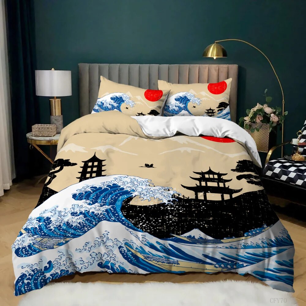 Japan Style Bedding Set Wave Duvet Cover and Pillowcase Set Twin Full