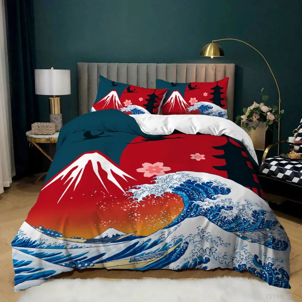 Japan Style Bedding Set Wave Duvet Cover and Pillowcase Set Twin Full