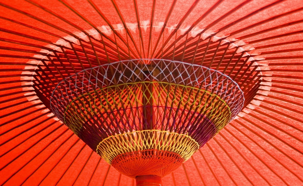 Japan Tokyo Asakusa Red open umbrella Canvas Art - Bill Brennan Design Pics (34 x 20)