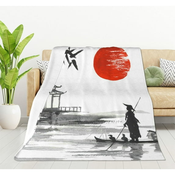 Japan Traditional Japanese Painting Man with Boat Fleece Throw Blanket Ultra Soft Cozy Blooming Decorative Flannel Blanket All Season for Home Couch Bed Chair Travel 40x50in