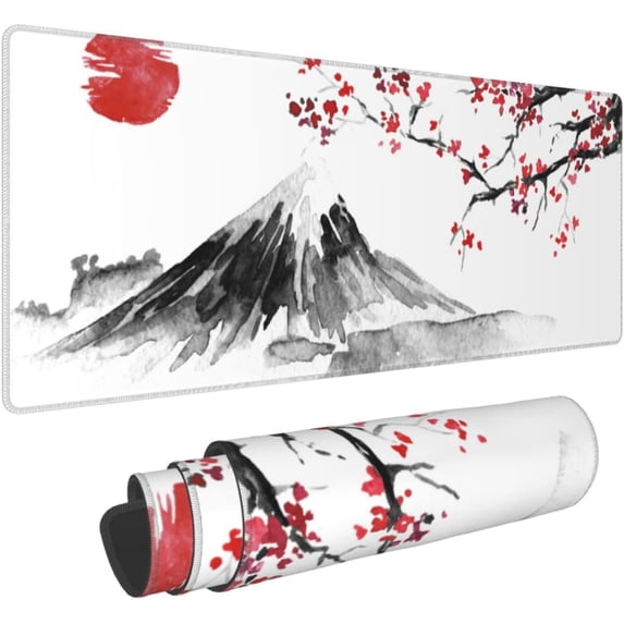 Japan Traditional Sumi-e Painting Extended Gaming Mouse Pad Large Desk Mat with Non-Slip Rubber Base and Stitched Edges,Keyboard Mouse Mat Desk Pad for Work,Game,Office,Home 35.4 * 15.7 Inch