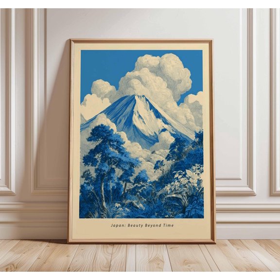 Japan Travel Poster Mount Fuji Wall Art Landscape Print Japanese Mountain Artwork Blue Nat