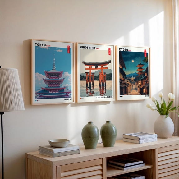 Japan Travel Poster Tokyo Hiroshima Kyoto Wall Art Vintage Japan Prints Set 3 Stretched Canvas 8x12