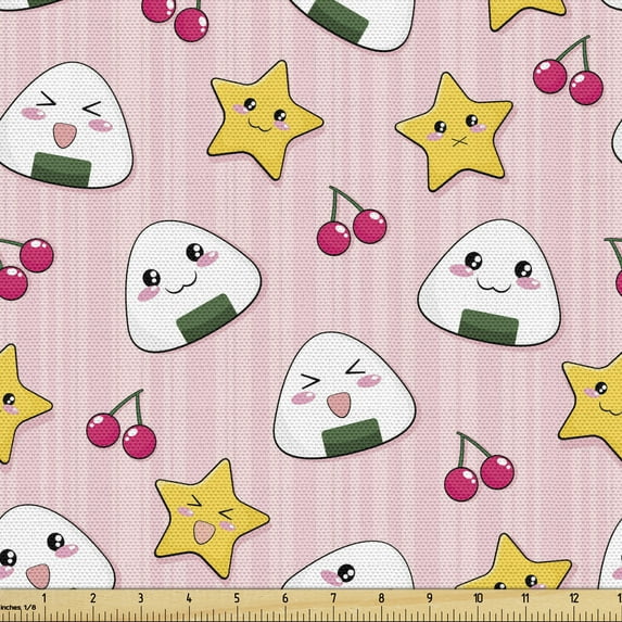 Ambesonne Japan Fabric by the Yard Upholstery, Japanese Food, 2 Yards, Multicolor Pink