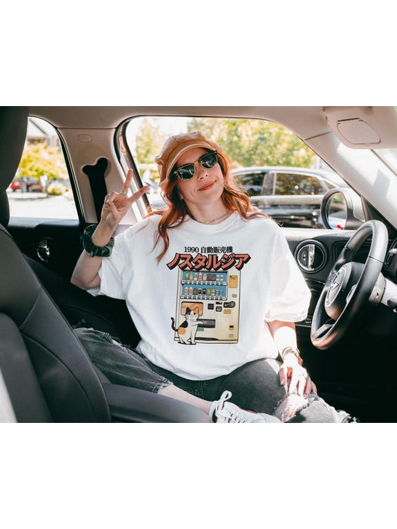 Japan Vending Machine Cat T-Shirt, Retro Japanese Streetwear Tee, Harajuku Y2K Kawaii Graphic Shirt