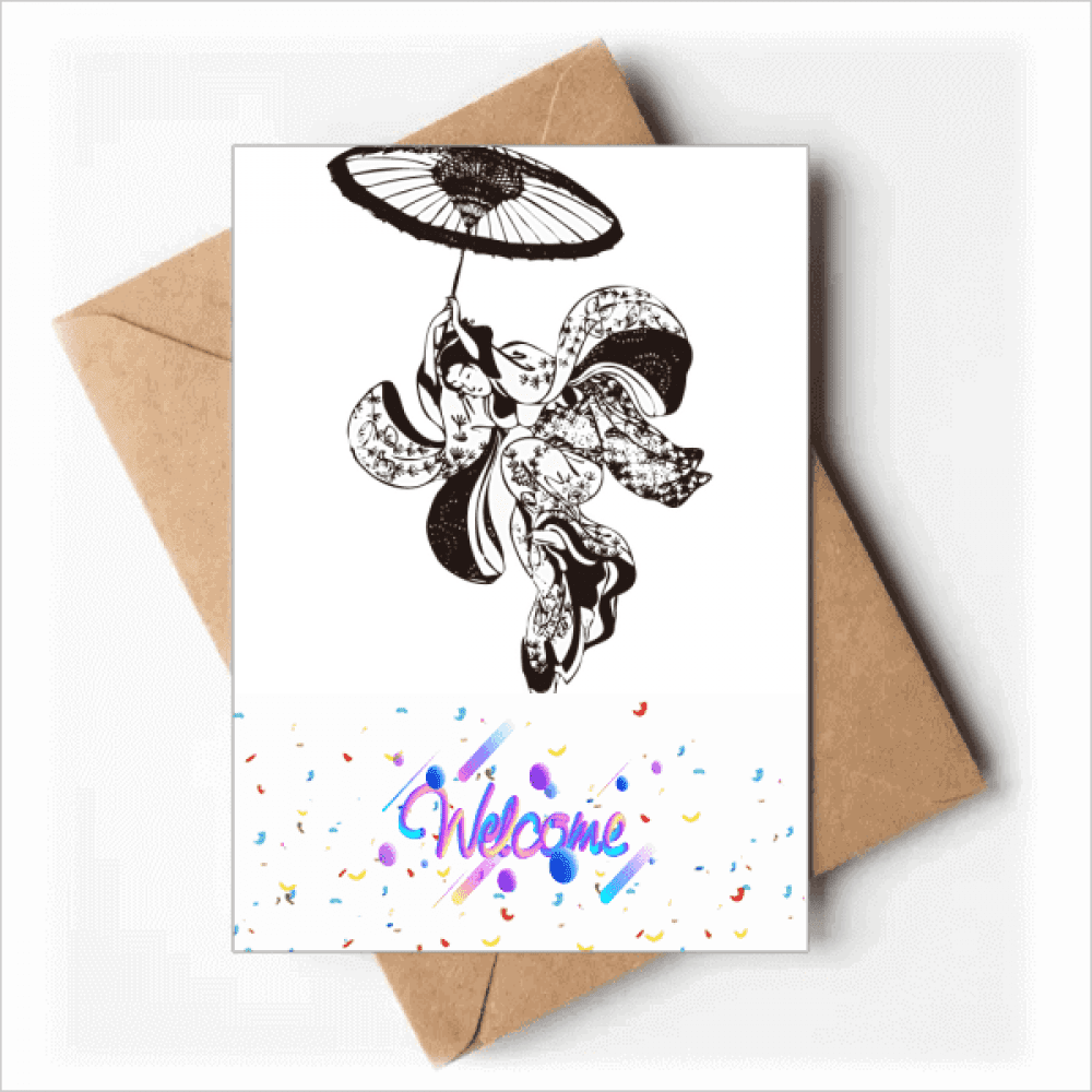 Japan Woman Umbrella Illustration Welcome Back Greeting Cards Envelopes Blank