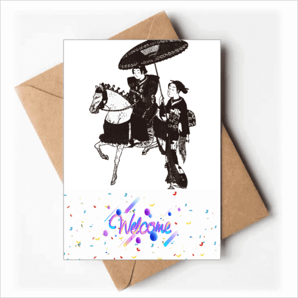 Japan Women Riding Horse Sketch Welcome Back Greeting Cards Envelopes Blank