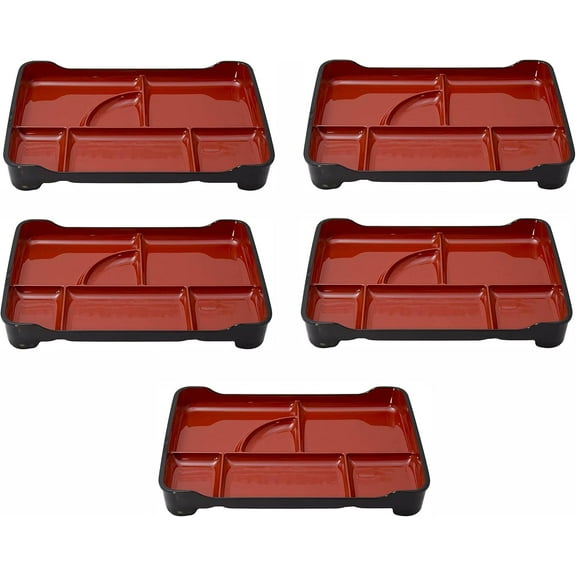 JapanBargain 1590, Japanese Lunch Bento Box Traditional Plastic Lacquered Bento Plate 6 Compartments for Restaurant or Home, Red and Black Color, 14"x9.25", Made in Japan, 5 Pack