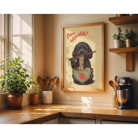 Japandi Black Cockapoo Bon Appetit Kitchen Art, Unframed Paper Poster 16x20in