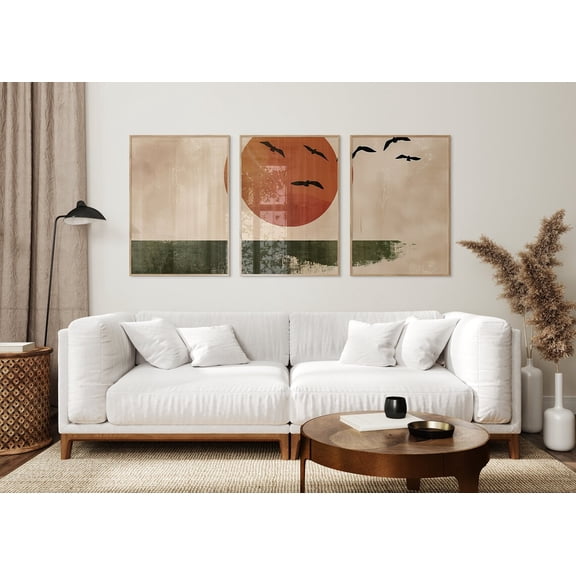 Japandi Boho Wall Art Abstract Sun and Birds Wabi Sabi Japanese Landscape Set 3 Stretched Canvas 16x24
