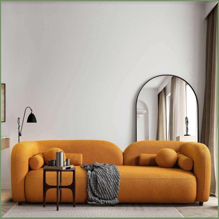 Japandi Boucle Sofa - 93” Wide 3-Seater Living Room Couch, Comfortable Easy Clean with Removable Legs | Dark Yellow Rustic | Boucle | Wood