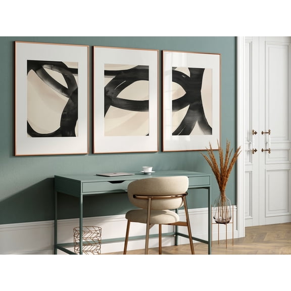 Japandi Brush Stroke Art Prints Beige And Black Abstract Set Poster For Modern Home Set 3