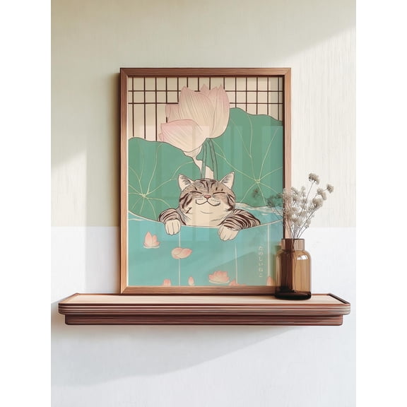 Japandi Cat Cute Japanese Wall Art Lotus Bath Print Cozy Animal Decor Bathroom Wall Art 5, Unframed Paper Print
