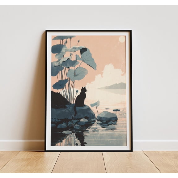 Japandi Cat Poster With Lotus Pond, Minimal Zen Wall Art Home Decor #2014, 8x12 UNFRAMED