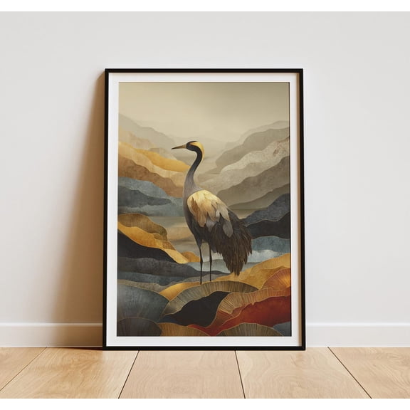 Japandi Crane Print, Minimalist Zen Landscape Wall Art Home Decor #1882, 8x12 UNFRAMED
