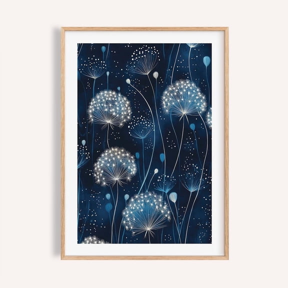 Japandi Dandelion Print Minimalist Blue Botanical Wall Art Unframed Paper Print