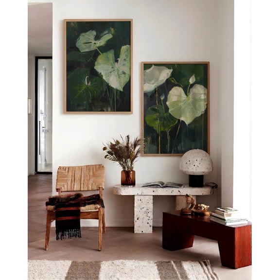 Japandi Emerald White Caladium Contemporary Botanical Retro Modern Sage Green Set 2 Unframed Paper Print