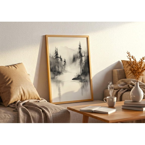 Japandi Forest Print Sumi e Ink Landscape Zen Wall Art